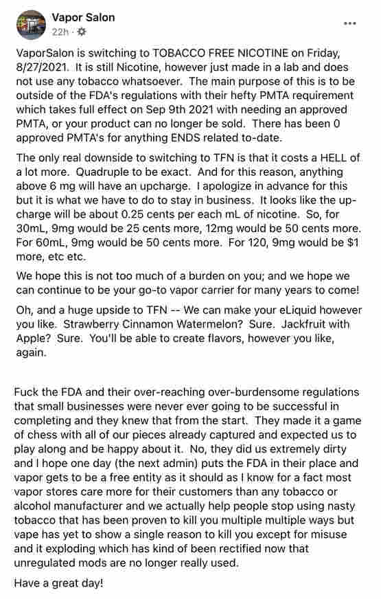 PMTA被拒，電子煙公司開始使用合成尼古丁鉆漏