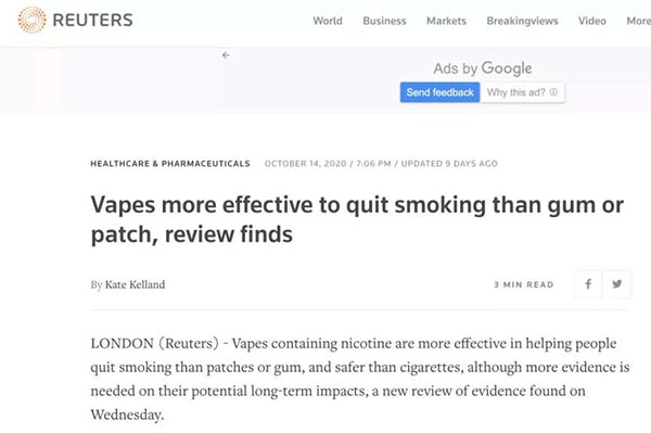 國際權威醫學組織Cochrane：電子煙具有戒煙作用，且效果優于其他療法
